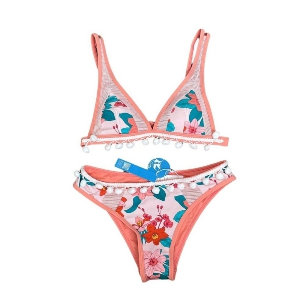Cupshe ✦ Coral Floral Bikini Set ✦ Pom Pom Trim Adjustable Triangle Top S NWT - Picture 9 of 17